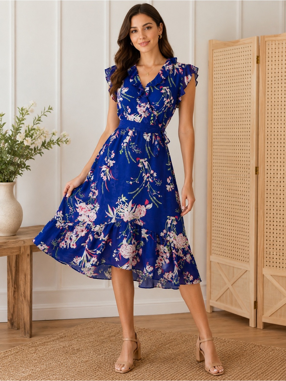 ECI New York Blue/Purple Floral Ruffle Wrap Midi Dress Cottagecore Size 8